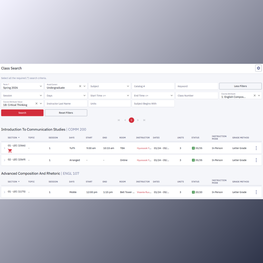 Sample of the class search