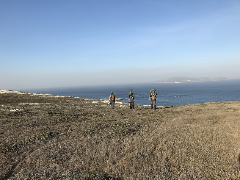 Marine debris volunteers hiking with debris packs on. 