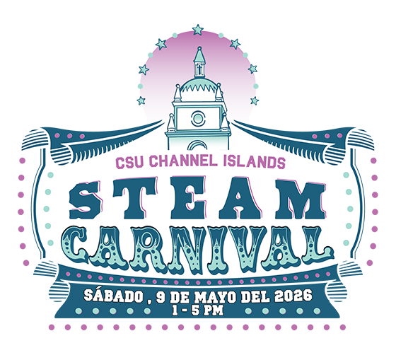 Logotipo del Carnaval STEAM de CSU Channel Islands. Incluye un diseño colorido con una ilustración de una cúpula en la parte superior rodeada de estrellas. 