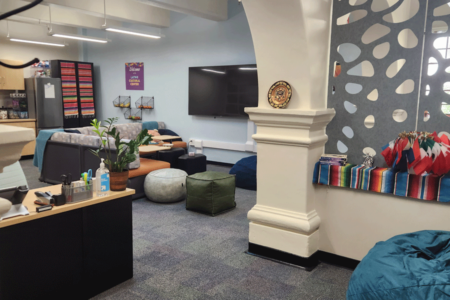 View of a room with various Hispanic flags, a TV in the back, and a banenr that says "Welcome to the Latinx Cultural Center"