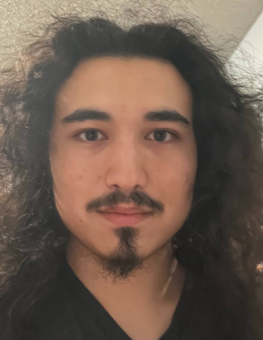Sam has black curly hair and has a mustache and beard. he is looking directly at the camera 