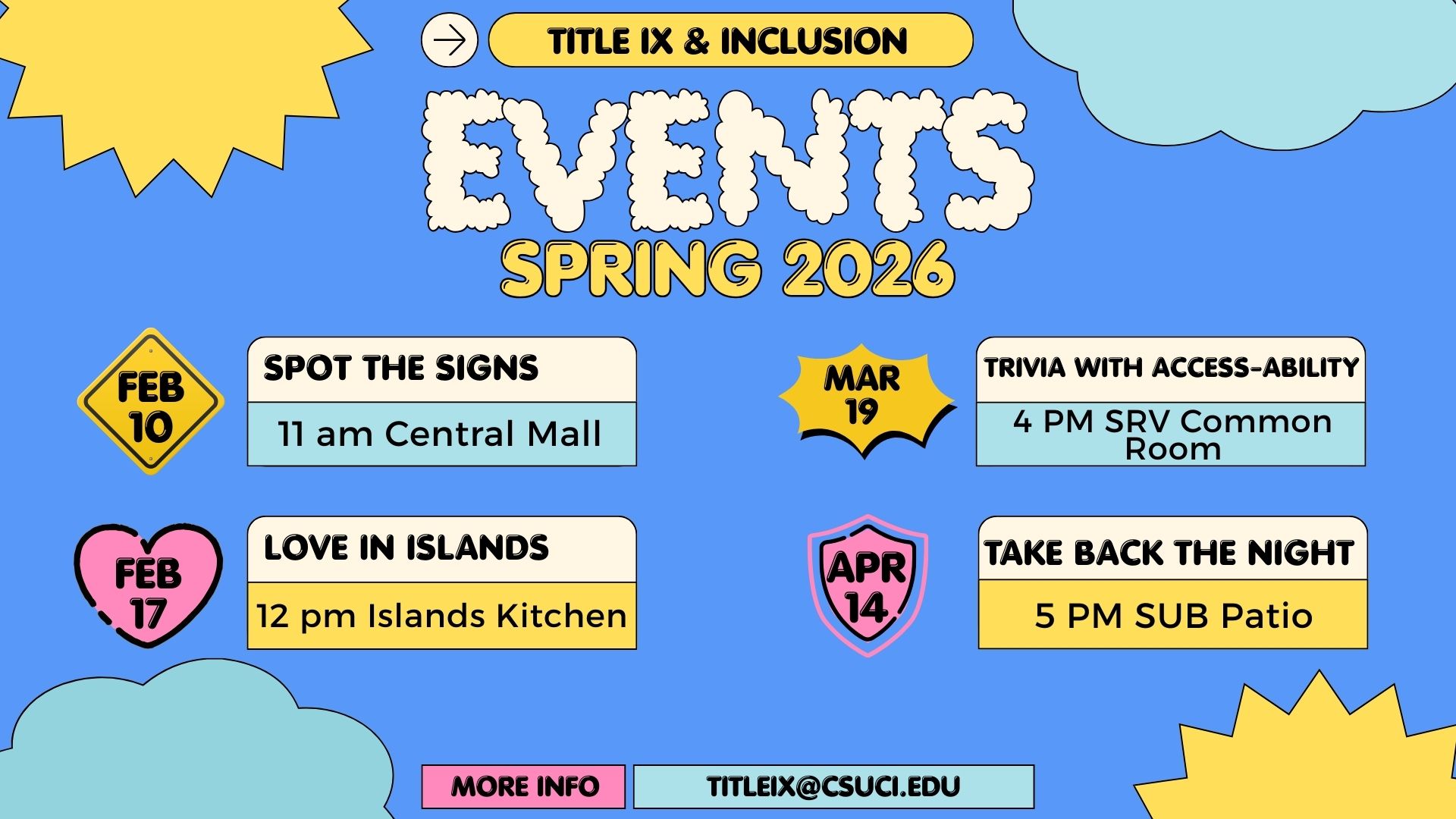 A banner detailing Title IX events on February 10 and 17, March 19, and April 14.