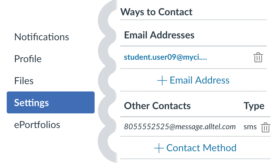 Contact options in Settings section