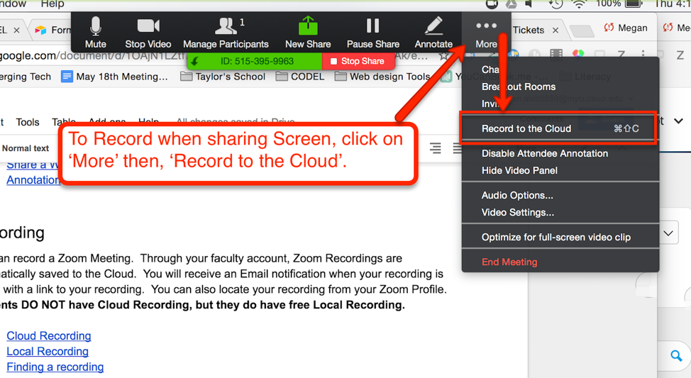 To record when sharing screen, click More and then click Record to the Cloud