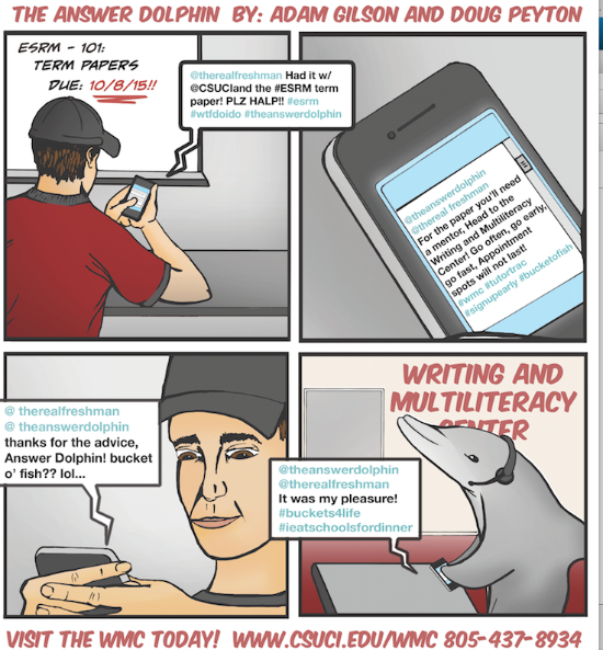 The Answer Dolphin A student texts to the answer dolphin for help. His ESRM 101 term paper is due soon and he is worried. The answer dolphin replies that he needs a writing mentor and that he should go to the Writing and Multiliteracy Center.