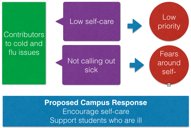 Contributors to cold and flu: low self-care (low priority) and not calling out sick (fears around self-advocacy). Proposed campus response: encourage self-care and support students who are ill.